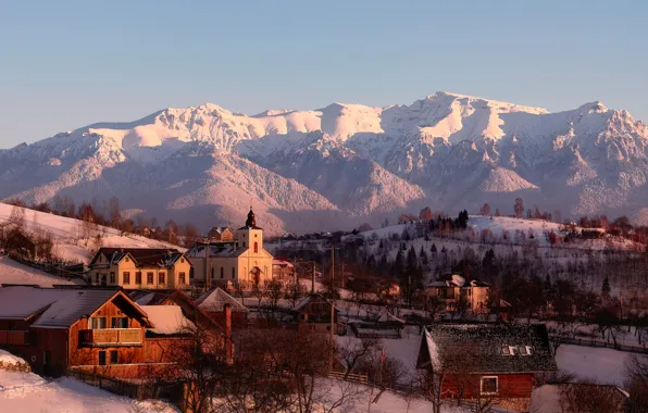 Winter, mountains, snow, village, sunlight, Romania, church, Brasov
