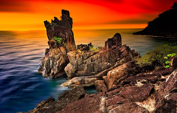 Картинка море, пейзаж, закат, природа, скалы, горизонт, Таиланд