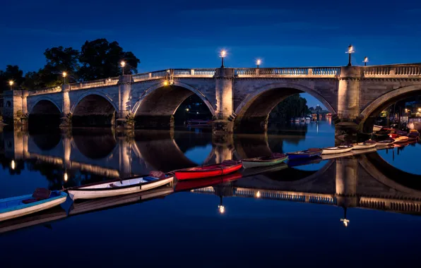 Картинка ночь, огни, Лондон, Великобритания, Richmond Bridge