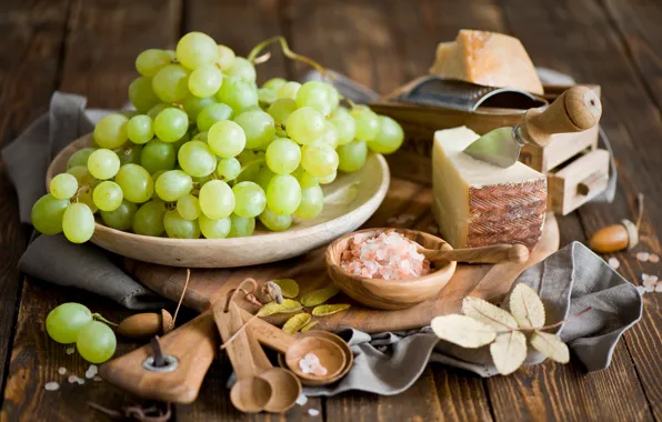 Картинка осень, белый, листья, сыр, виноград, посуда, ложки, грозди