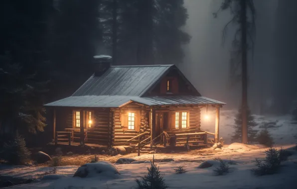 Зима, лес, свет, снег, деревья, ночь, природа, уют