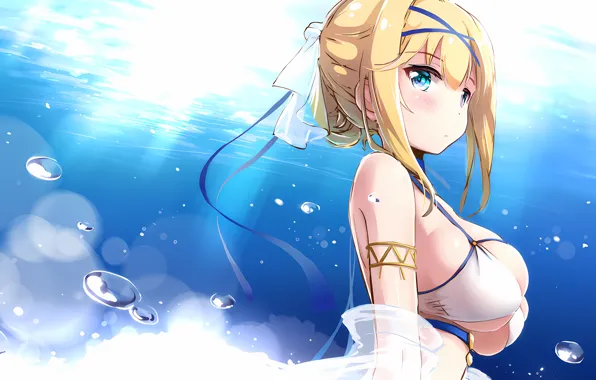 Girl, sexy, cleavage, blouse, sea, boobs, anime, water