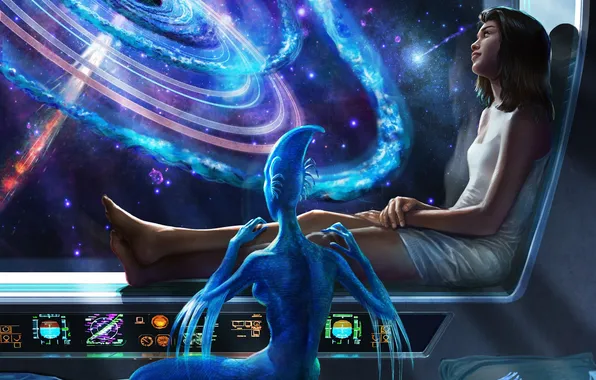 Картинка девушка, космос, корабль, существо, арт, иллюминатор, синее, квазар