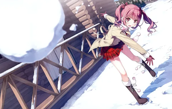 Картинка зима, девушка, снег, природа, дом, аниме, арт, kantoku