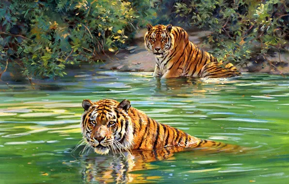 Картинка живопись, тигры, реки, Donald Grant