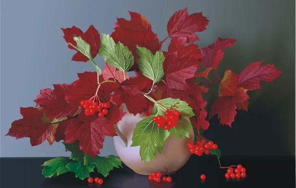 Осень, листья, ягоды, ваза, натюрморт, калина, багрянец