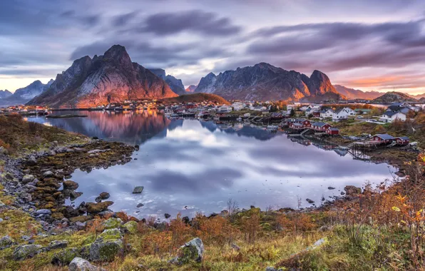 Картинка море, пейзаж, горы, природа, рассвет, утро, деревня, Норвегия