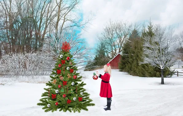 Картинка зима, игрушки, елка, девочка, Новый год