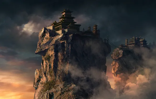 Картинка облака, мост, скалы, азия, высота, дома, арт, храм