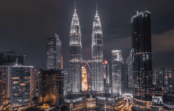 Картинка city, lights, night, buildings, malaysia, kuala lumpur, petronas towers