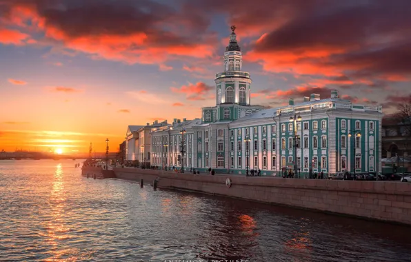Картинка закат, река, здания, дома, Санкт-Петербург, Россия, набережная, Кунсткамера
