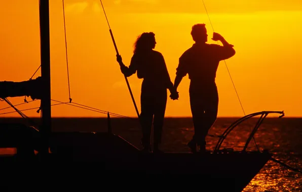 Картинка море, любовь, закат, романтика, яхта, пара