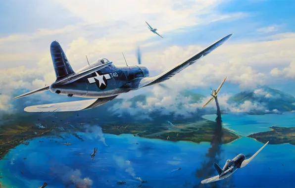 Рисунок, арт, Corsair, F4U, nicolas trudgian, Vought, одноместный палубный истребитель времён Второй мировой войны