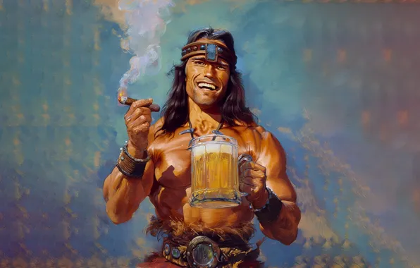 Картинка Conan, smile, Arnold Schwarzenegger, cigar, Conan the Barbarian, beer, art