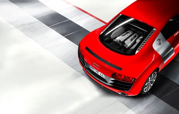 Картинка Audi, Красный, Машина, Двигатель, Номер, V10