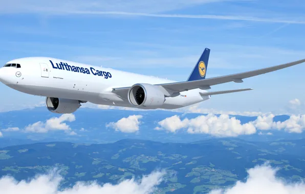 Картинка небо, Boeing, Взлёт, Боинг, Грузовой, Lufthansa, B-777, Б-777