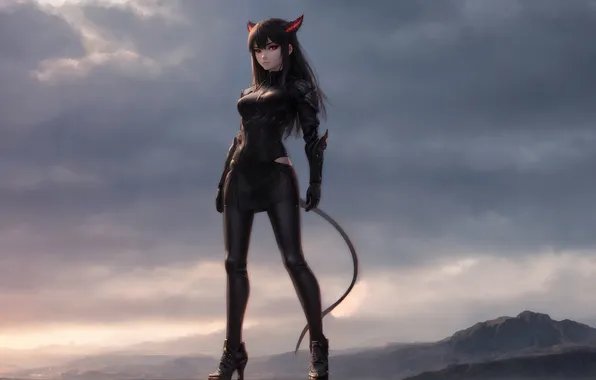 Girl, fantasy, horns, anime, art, tail, fantasy art, dark sky