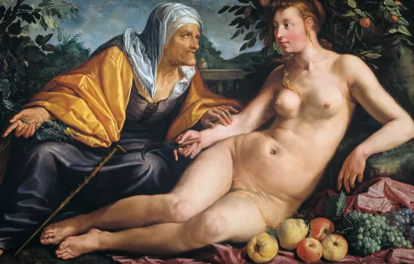 Масло, картина, мифология, Вертумн и Помона, Хендрик Гольциус