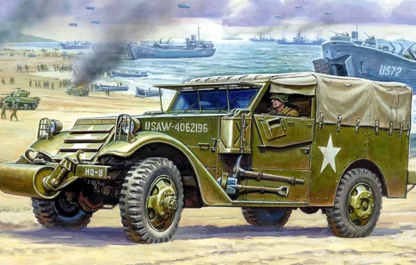 Рисунок, корабли, арт, танки, десант, высадка, Scout Car, Разведывательная машина