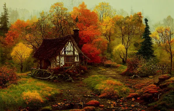 Крыша, осень, лес, деревья, уют, рисунок, графика, красота