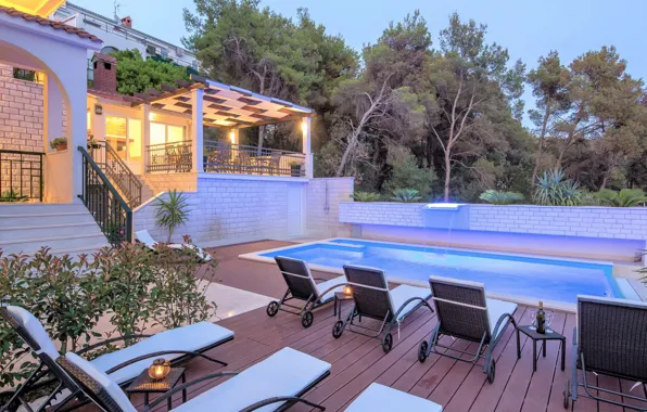 Вилла, вечер, бассейн, освещение, архитектура, терраса, Хорватия, Trogir