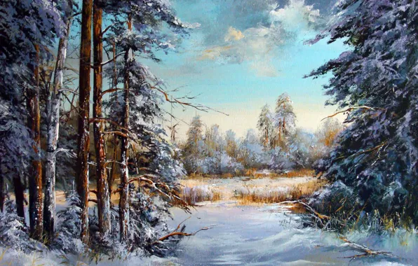 Зима, снег, деревья, пейзаж, масло, картина, живопись, холст