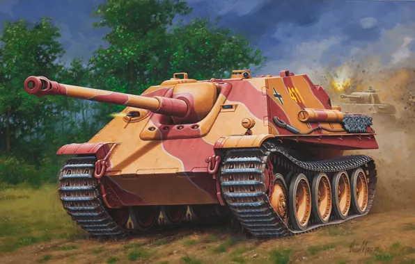 Рисунок, арт, Jagdpanther, самоходно-артиллерийская установка, (САУ), WW2, немецкая, Ягдпантера