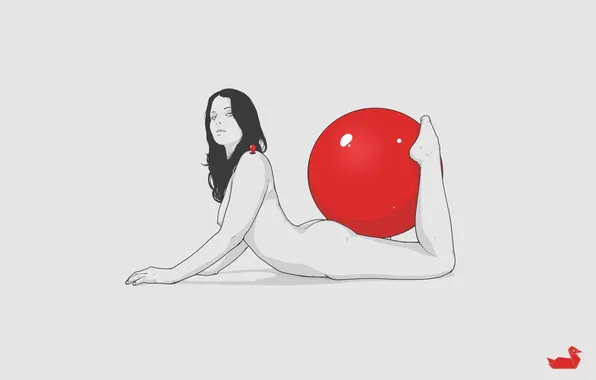Картинка девушка, красный, серый, фон, обои, мяч, минимализм, вектор