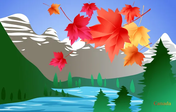 Картинка листья, деревья, пейзаж, горы, озеро, путешествия, Канада, Canada
