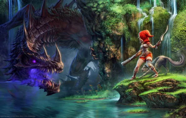 Девушка, природа, река, дракон, водопад, волк, Dragon Fin Soup