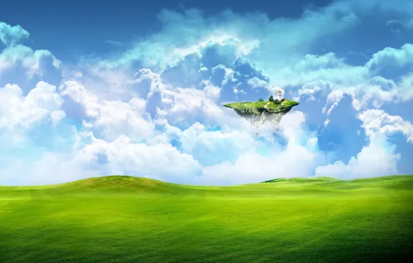 Зелень, поле, небо, трава, облака, фантастика, земля