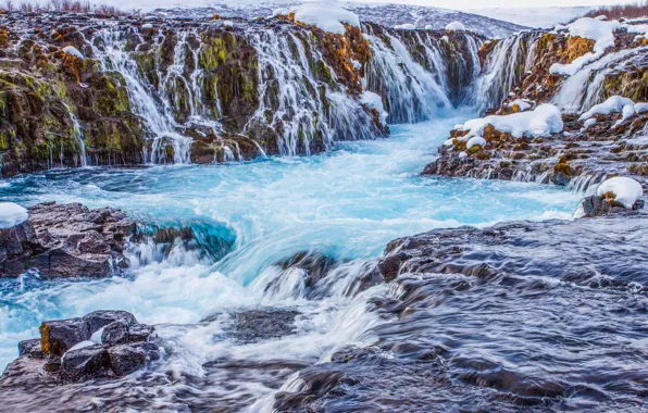 Картинка снег, горы, река, скалы, водопад, поток, Исландия