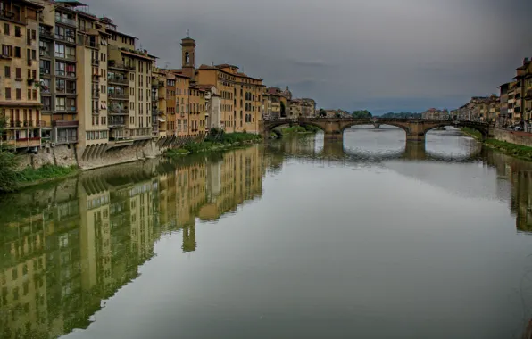 Картинка отражения, здания, дома, Италия, Флоренция, river, Italy, bridge