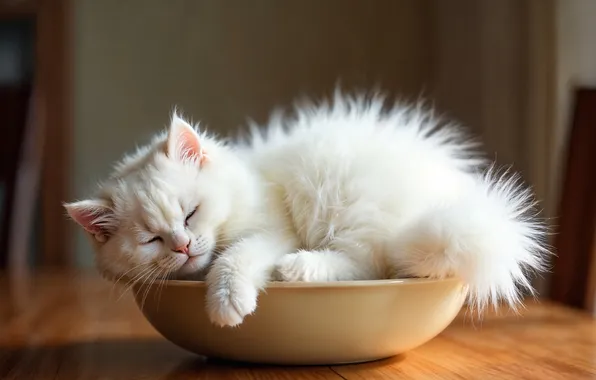 Кошка, белый, поза, котенок, сон, спит, пол, лежит