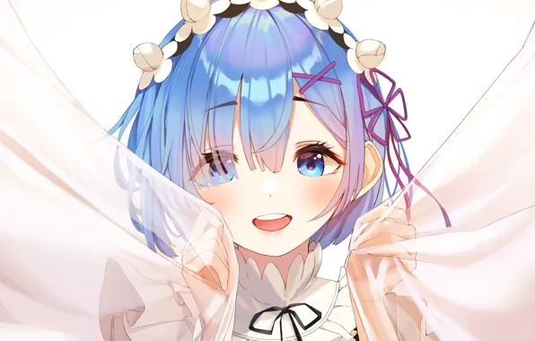 Улыбка, фон, портрет, девочка, тюль, Рем, Re Zero Kara Hajimeru Isekai Seikatsu, Жизнь В Альтернативном …