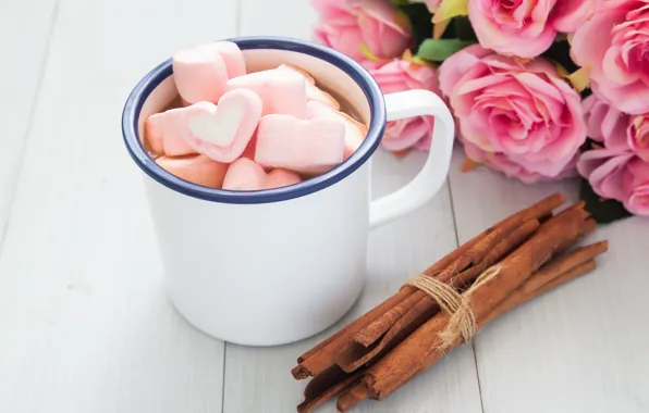Розы, букет, чашка, сердечки, wood, pink, cup, romantic