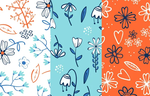 Картинка цветы, голубой, текстура, оранжевый фон, patterns, floral