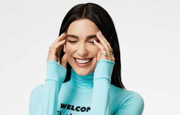 Девушка, украшения, лицо, поза, улыбка, брюнетка, кольцо, Dua Lipa