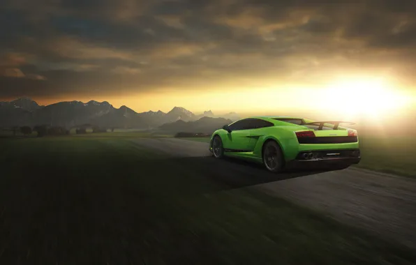 Картинка Lamborghini, Superleggera, Gallardo, Green, Speed, LP 570-4, Sunset, Road