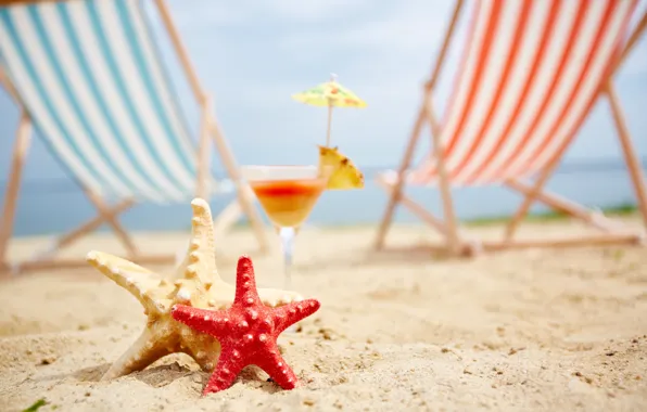 Картинка песок, море, пляж, лето, отдых, шезлонг, морская звезда, summer