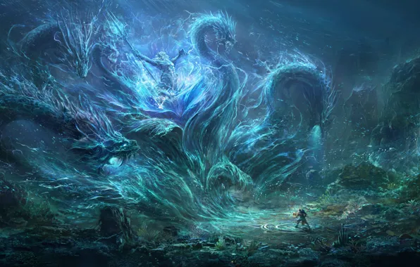 Картинка человек, монстр, трезубец, чудовище, Нептун, морское дно, The sea monster, Wang Nan