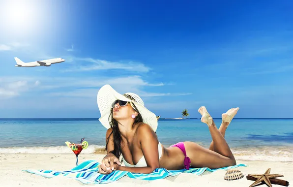Relax, girl, summer, sexy, beach, hat, beautiful, travel