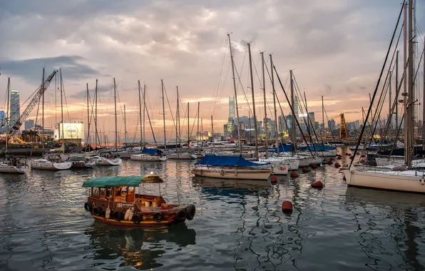 Картинка рассвет, лодки, утро, гавань, Hong Kong, Гон-Конг