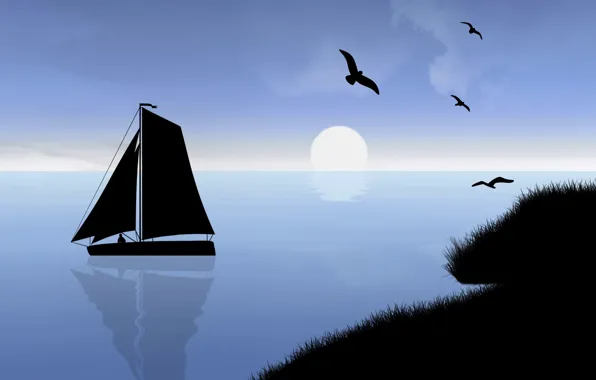 Картинка море, небо, солнце, пейзаж, закат, птицы, лодка, парус