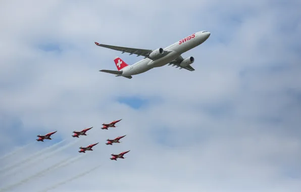 Небо, облака, самолет, Швейцария, парад, аэробус, А350