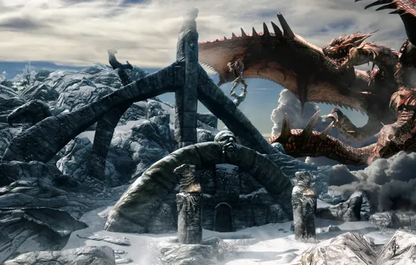 Обои, дракон, игра, пик, skyrim, скайрим