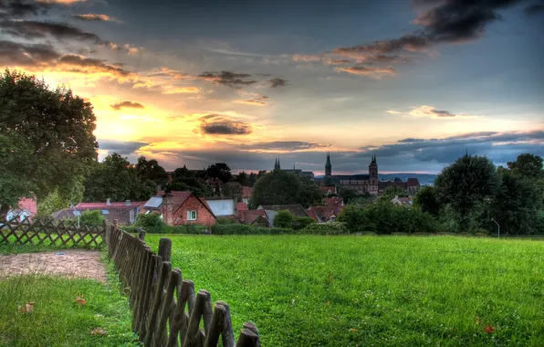 Картинка трава, облака, закат, дома, Sunset, Bamberg