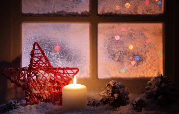Картинка зима, снег, звезда, свеча, вечер, окно, подоконник, красная
