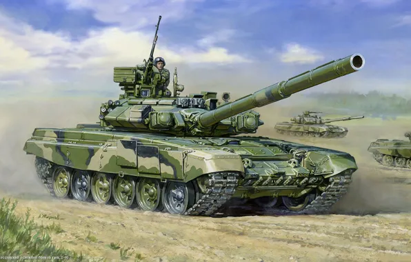 Рисунок, Танк, российский, т-90, основной боевой танк, танкисты