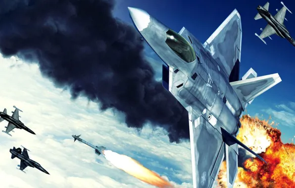 F-22, рисунок, ракета, бой, истребители, fighter, ace combat, raptor